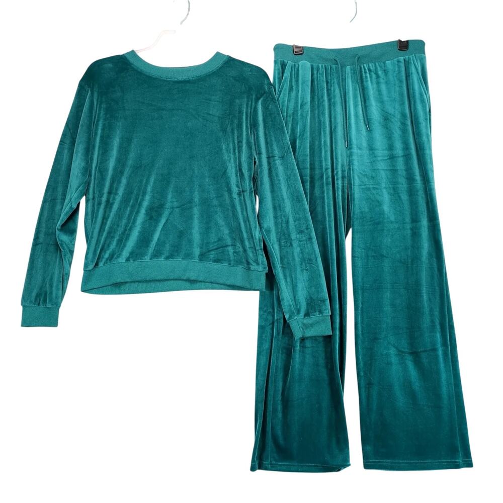 Ashley‎ Blue 2pc Green Velour Tracksuit Women's Plus 1X/2X Sweatshirt Sweatpants